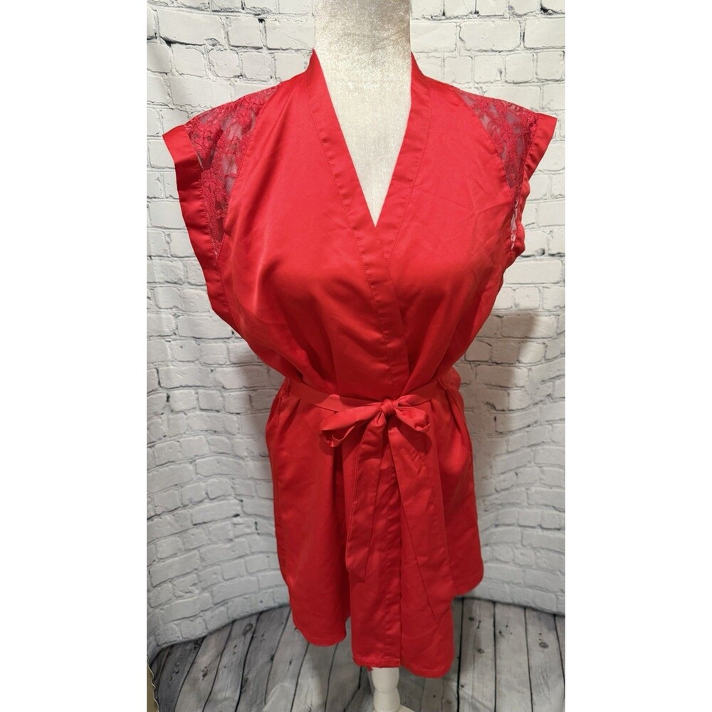 Victoria's Secret Robe kimono Red Satin With Lace & Belt Size Small